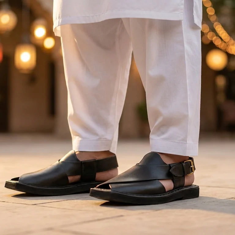 Orox Double Sole Black Kaptaan Peshawari Chappal (Premium Leather)