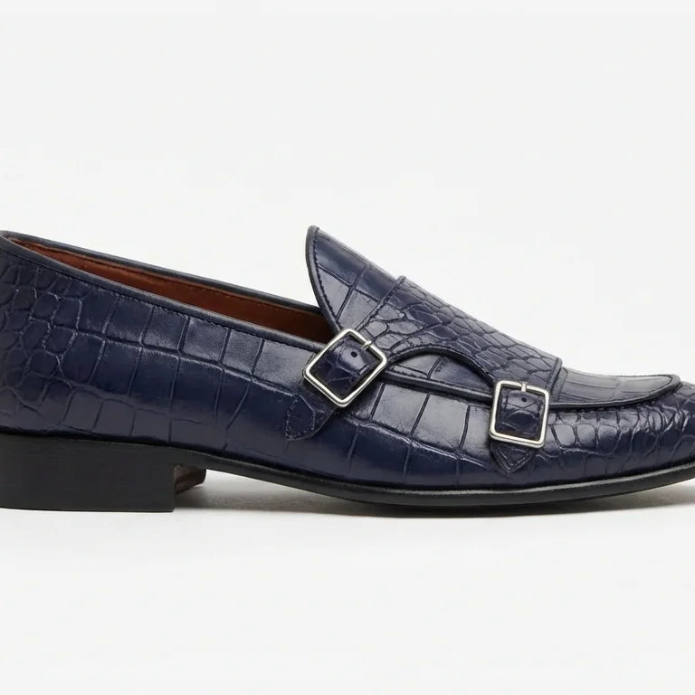 Orox Handcrafted Navy Blue Croc-Embossed Double Monk Strap Shoes (Men)