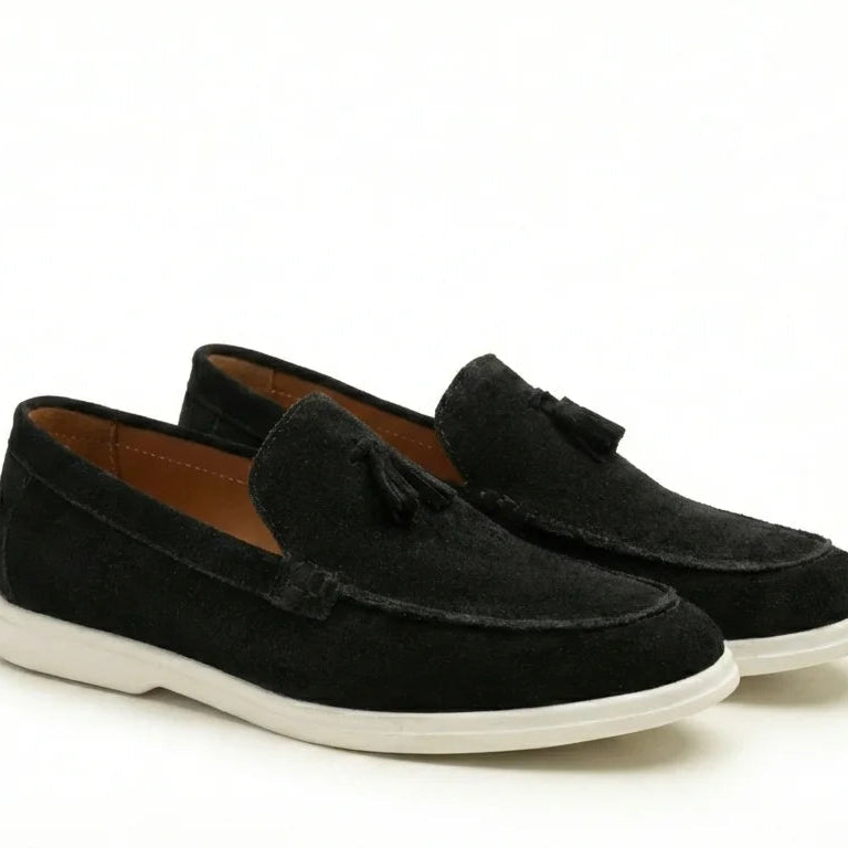 Orox Bari Black Suede Tassel Loafers (Lightweight White Rubber Sole)