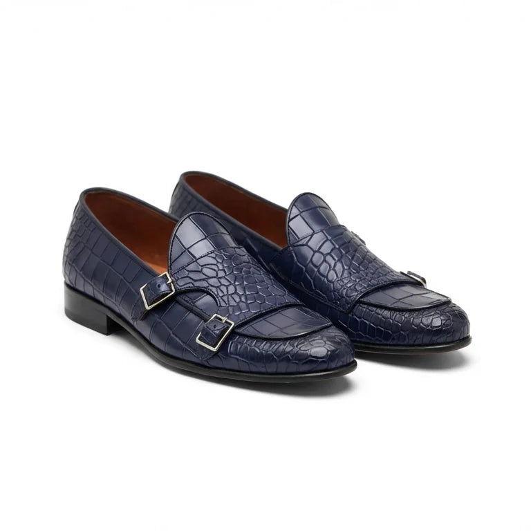 Orox Handcrafted Navy Blue Croc-Embossed Double Monk Strap Shoes (Men)