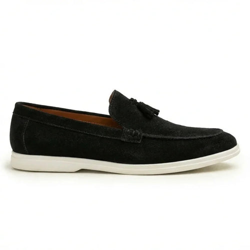 Orox Bari Black Suede Tassel Loafers (Lightweight White Rubber Sole)