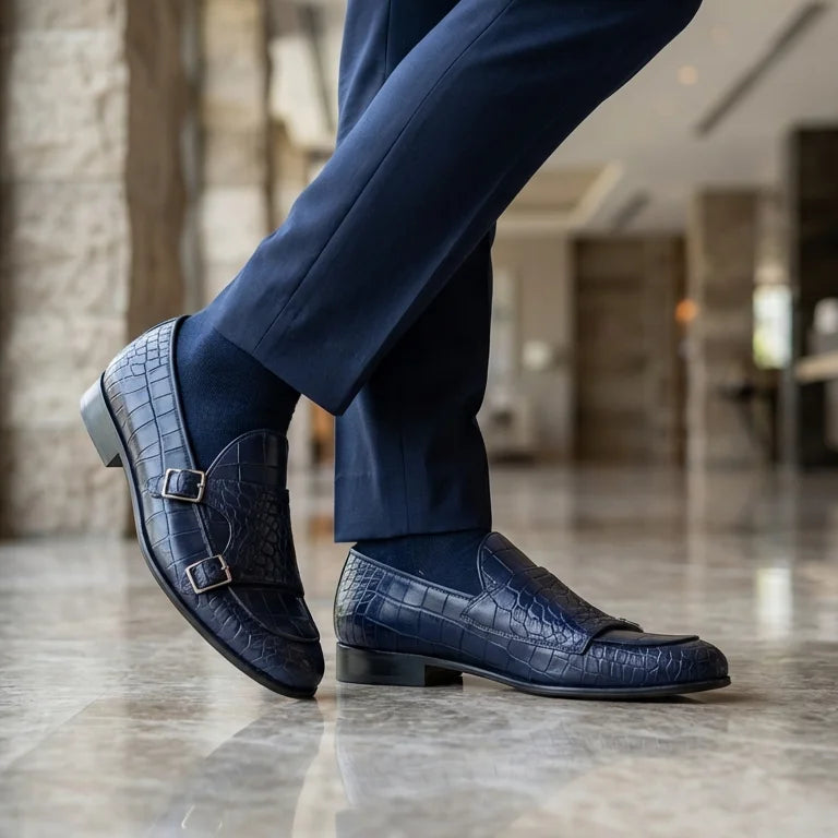 Orox Handcrafted Navy Blue Croc-Embossed Double Monk Strap Shoes (Men)