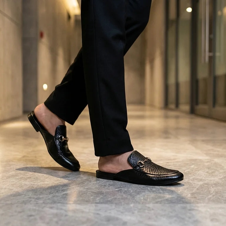 Orox Men’s Black Textured Leather Mules (Slip-On Loafer Clogs)