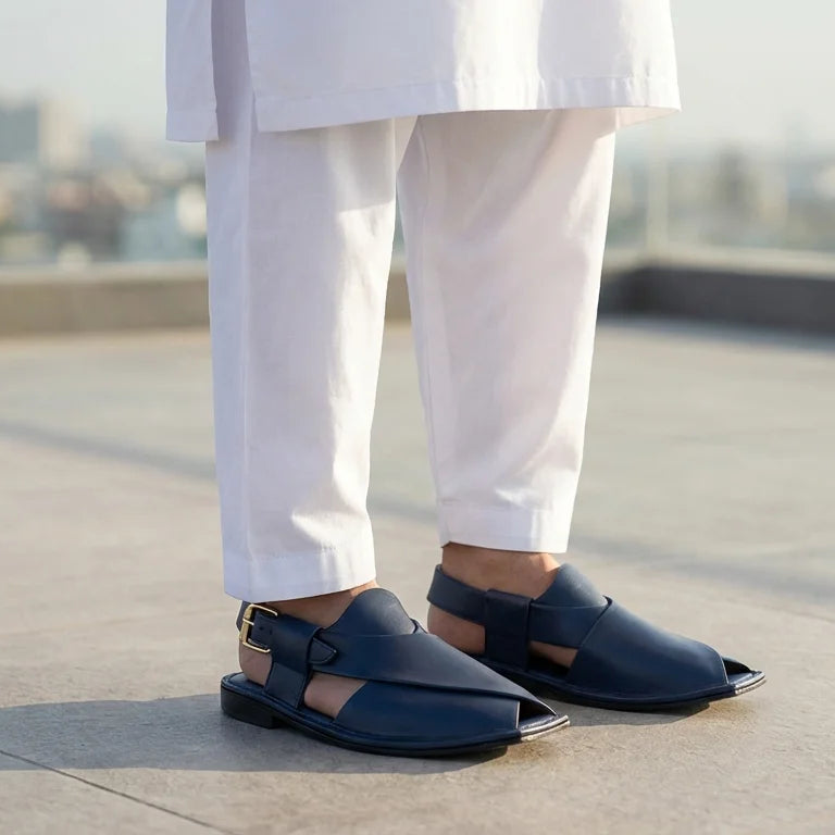 Orox Premium Blue Peshawari Chappal (Leather Kaptaan Style)