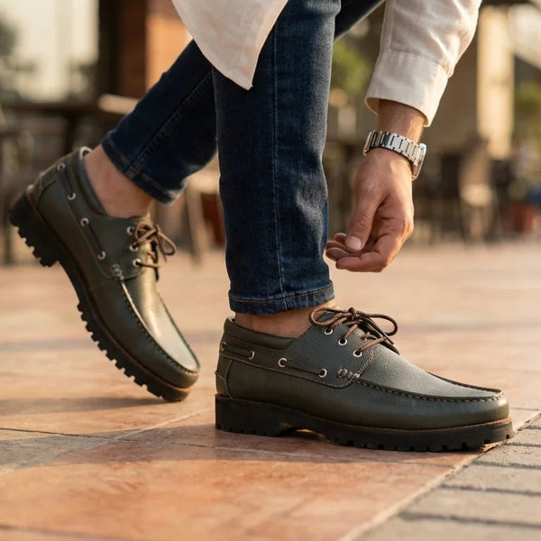 Falkirk Rugged Leather Deck Shoes (Olive Green)