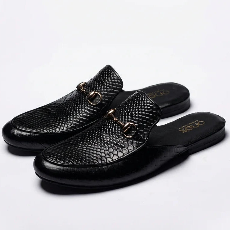 Orox Men’s Black Textured Leather Mules (Slip-On Loafer Clogs)