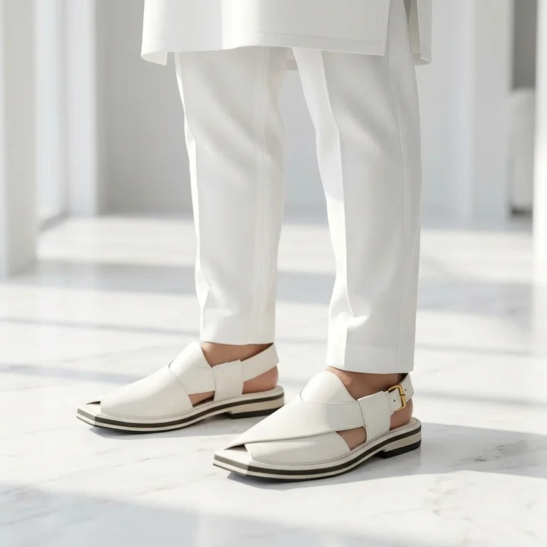Orox White Kaptaan Chappal (Premium Leather Minimal Buckle Strap)