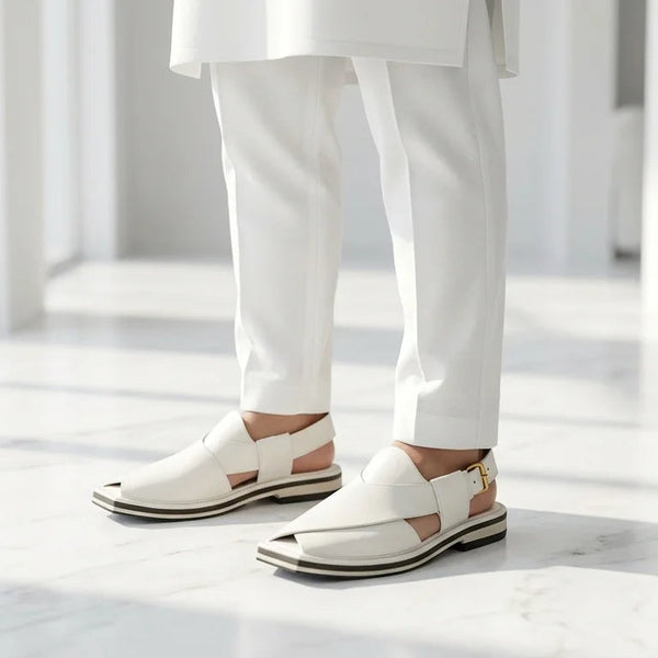 Orox White Kaptaan Chappal (Premium Leather Minimal Buckle Strap)