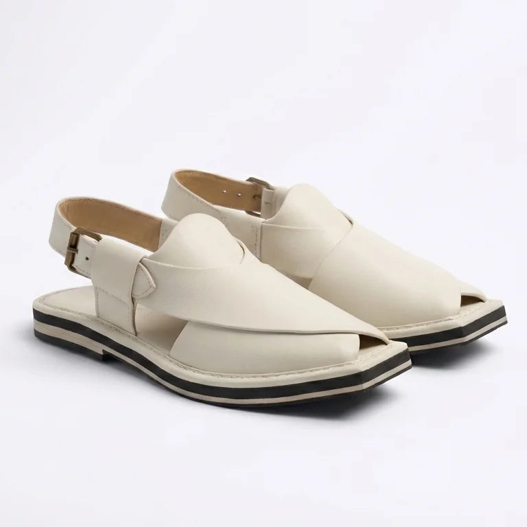 Orox White Kaptaan Chappal (Premium Leather Minimal Buckle Strap)