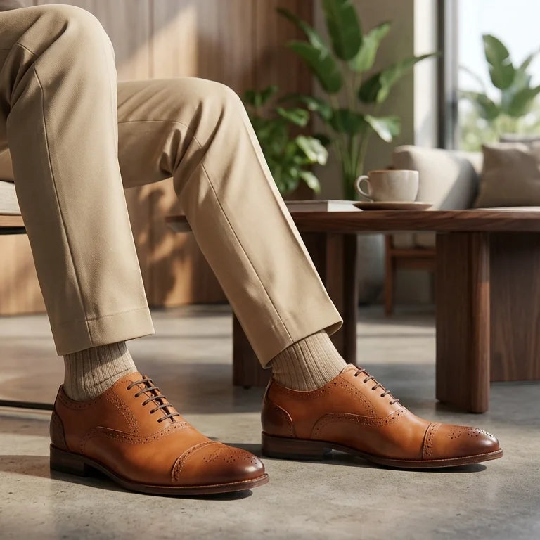 Orox Handcrafted Tan Brown Cap-Toe Derby Shoes (Men)