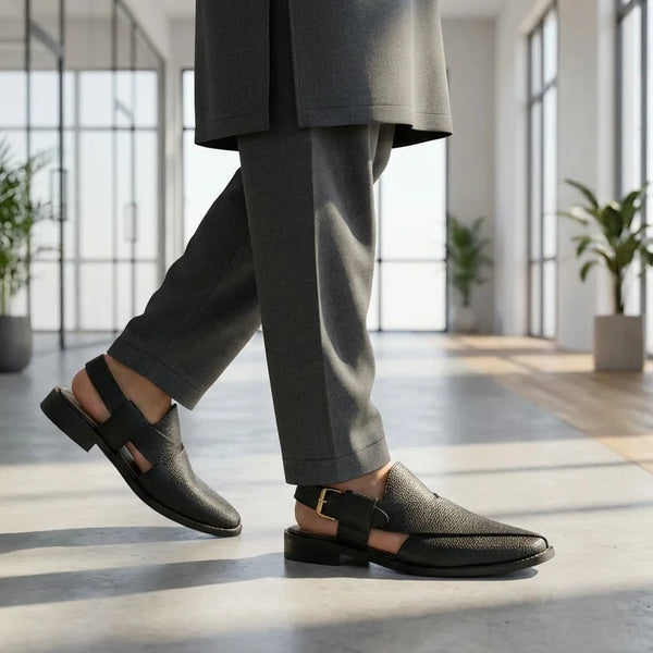 Orox Black Peshawari Chappal (Premium Leather Buckle Strap)