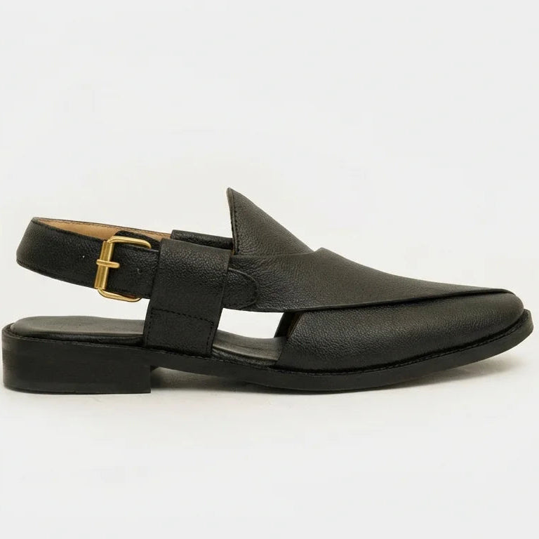 Orox Black Peshawari Chappal (Premium Leather Buckle Strap)
